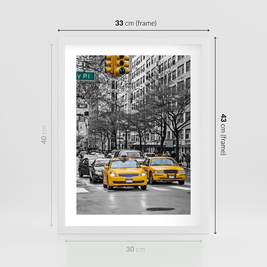 Plakat w ramie 30x40 - Taksówki w Nowym Jorku - taksówki, Nowy Jork - rama biała