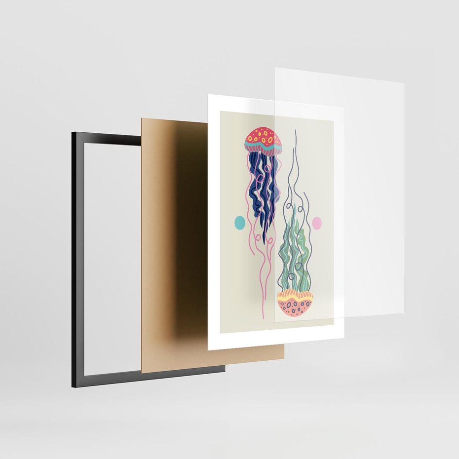 Plakat w ramie 30x40 - Morskie Pulsacje - nowoczesny optymistyczny plakat, kolorowe meduzy - rama czarna