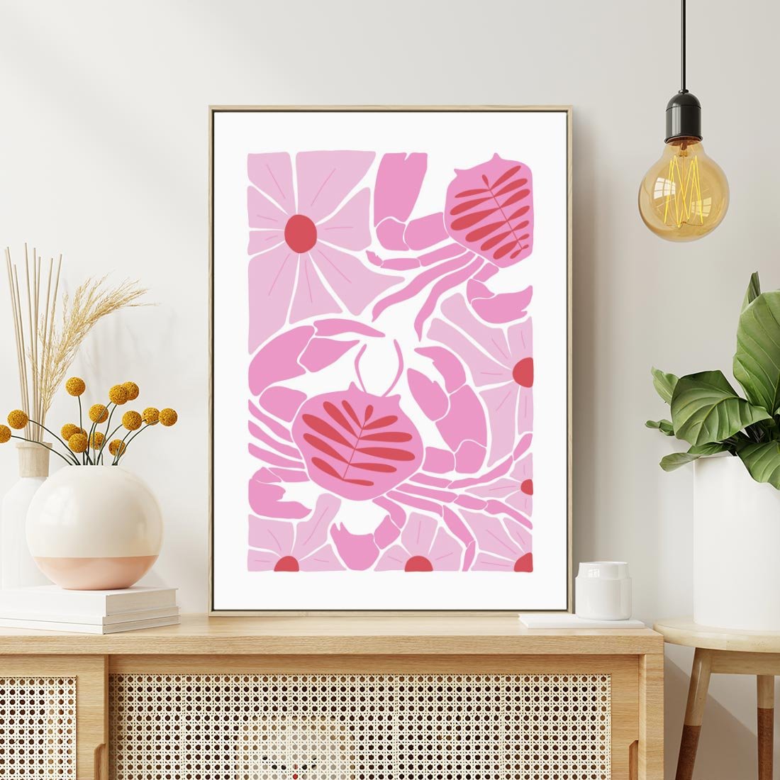 Obraz w ramie 50x70 - Roztańczone Kraby - różowe kwiaty i kraby, abstrakcyjna kompozycja - rama drewno