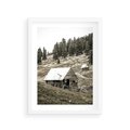 Plakat w ramie 30x40 - Ustronne Chatki w Górach - rustykalne domki w górach, sepia - rama biała