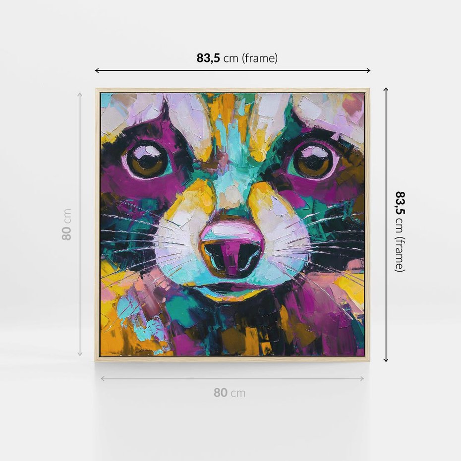 Obraz w ramie 80x80 - Przebudzenie snu artysty - zbliżenie, kolorowy portret szopa pracza - rama drewno