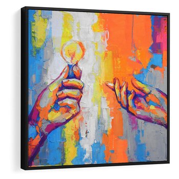 Obraz w ramie 50x50 - Refrakcje wewnętrznego światła - abstrakcyjne dzieło, dłoń trzyma żarówkę - rama czarna