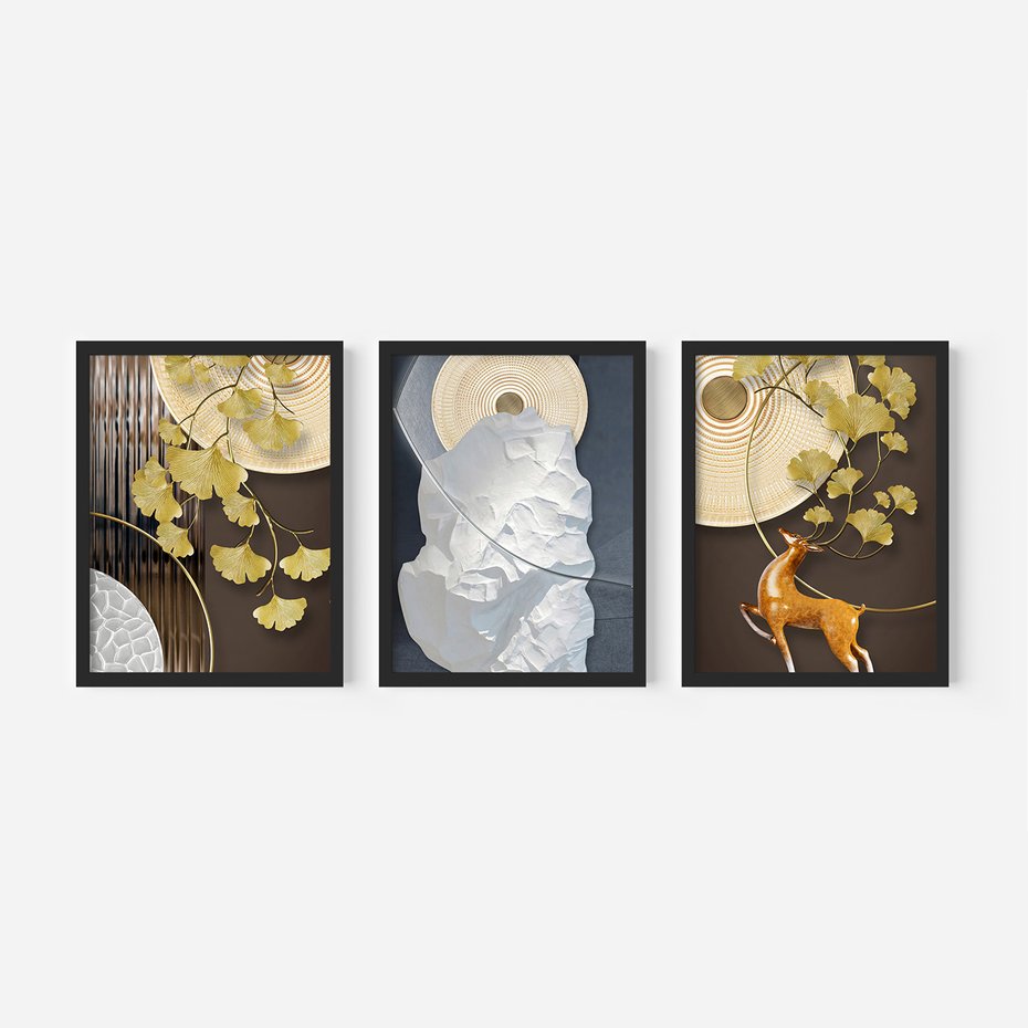 Zestaw obrazy w ramie 50x70 galeria - Japońskie, liście, abstrakcja, nowoczesny - rama czarna