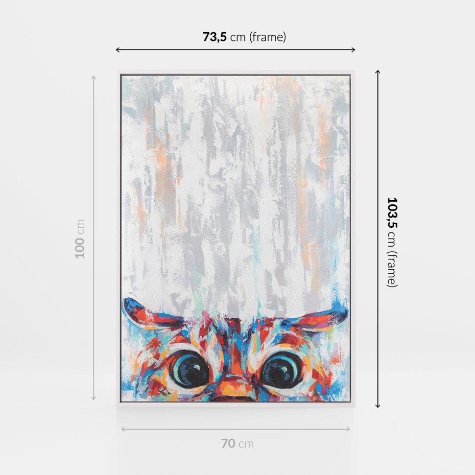 Obraz w ramie 70x100 - Co ja Widzę - obraz olejny, śmieszny obraz kota - rama biała