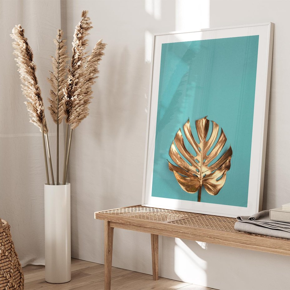 Plakat w ramie 50x70 - Piękno Natury - złote, liście - rama biała