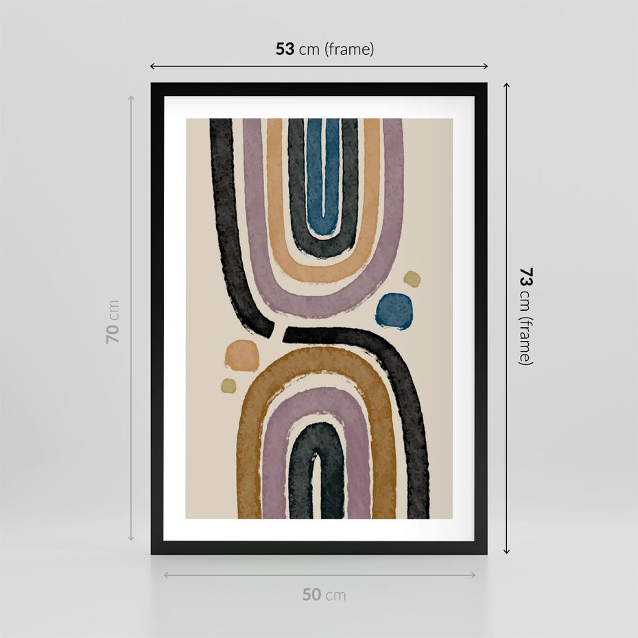 Plakat w ramie 50x70 - Taniec Przenikających Kształtów - abstrakcyjne tęcze, kompozycja - rama czarna