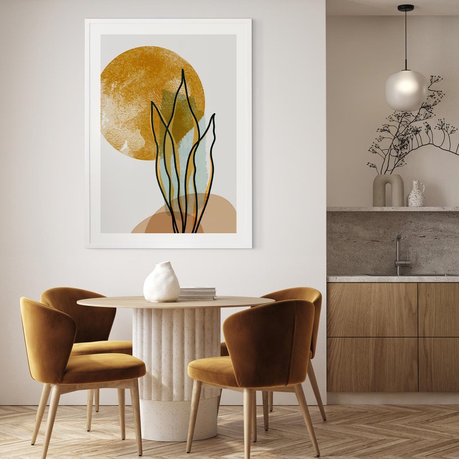 Plakat bez ramy 21x30 - Światło Natury: Graficzne Liście i Złote Słońce - grafika, graficzne liście