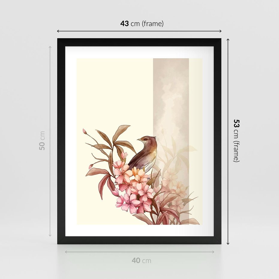 Plakat w ramie 40x50 - Kwiatowe Zanurzenie - japońska sztuka, ptak - rama czarna