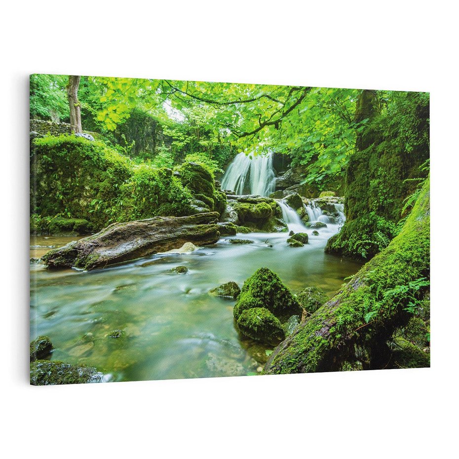 Obraz na płótnie 100x70 - Las przy rzece: potężny wodospad - las, rzeka