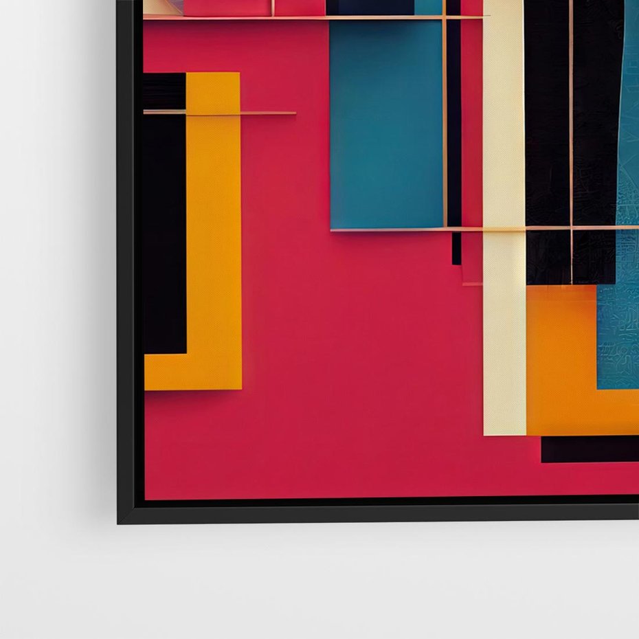 Obraz w ramie 50x50 - Przejście przez labirynt myśli - kolorowa abstrakcja, instalacja z prostokątów i lini - rama czarna