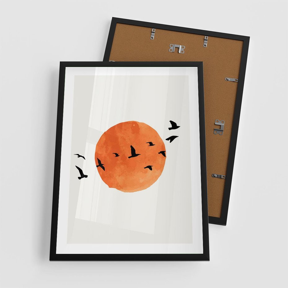 Plakat w ramie 50x70 - Zachód Słońca i Ptaki - grafika akwarela, czarne ptaki na tle zachodu słońca - rama czarna