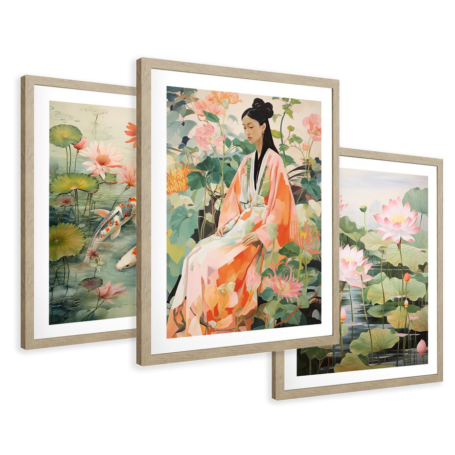 Zestaw obrazy w ramie 40x50 galeria - japonia, orient, kwiaty, japandi - rama drewno