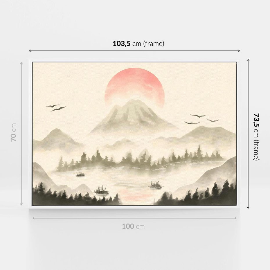 Obraz w ramie 100x70 - Przyroda Japonii - japońska akwarela, góry - rama biała
