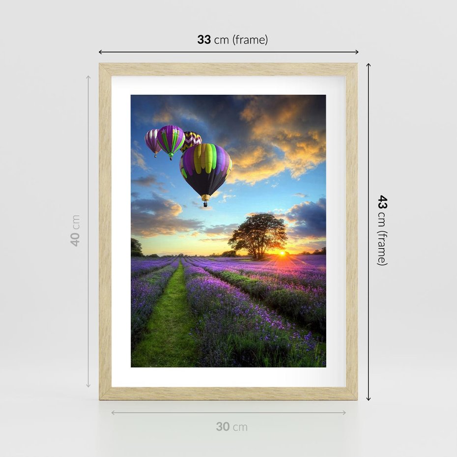 Plakat w ramie 30x40 - Lawendowe Marzenia - lawenda, balony - rama drewno