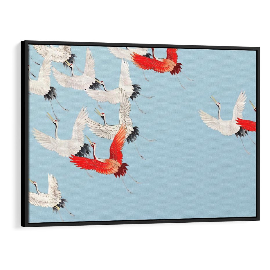 Obraz w ramie 100x70 - Eteryczne Żurawie - lecące żurawie, orientalna sztuka - rama czarna