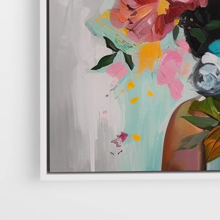 Obraz w ramie 70x50 - Z Głową w Kwiatach - obraz olejny, sztuka nowoczesna - rama biała