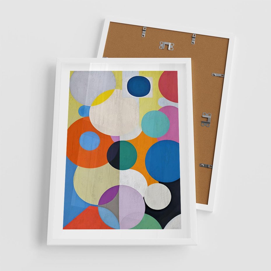 Plakat w ramie 50x70 - Tajemnicze Odbicia Czasu - abstrakcyjne geometryczne kształty, olejny obraz - rama biała