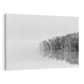 Obraz na płótnie 120x80 - Mglisty Brzeg Jeziora - czarno białe zdjęcie, zamglone jezioro