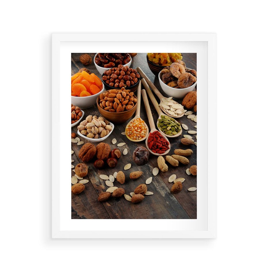 Plakat w ramie 40x50 - Szlachetne smaki kuchni - nasiona, bakalie - rama biała