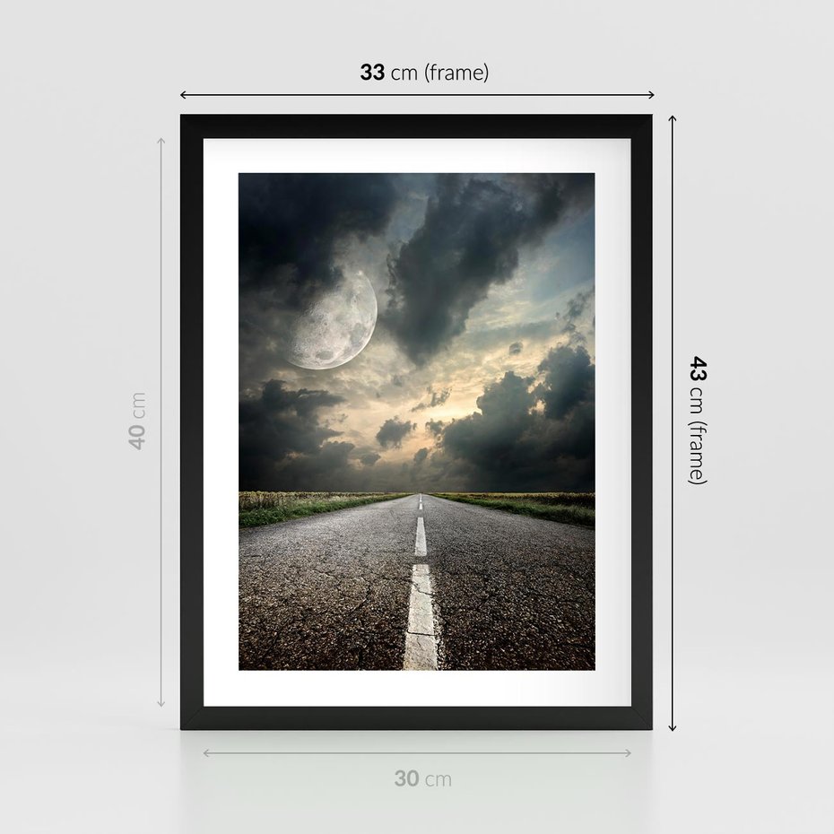 Plakat w ramie 30x40 - magia nocnej drogi - droga, księżyc - rama czarna