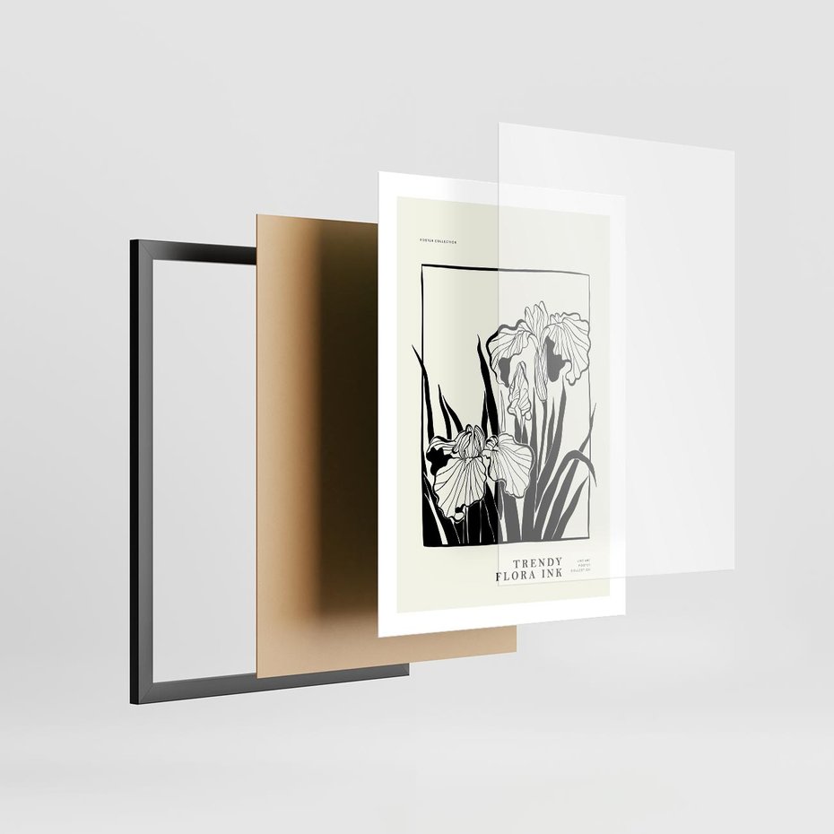 Plakat w ramie 50x70 - Spojrzenia na szkicowaną przeszłość - kwiaty, typografia - rama czarna