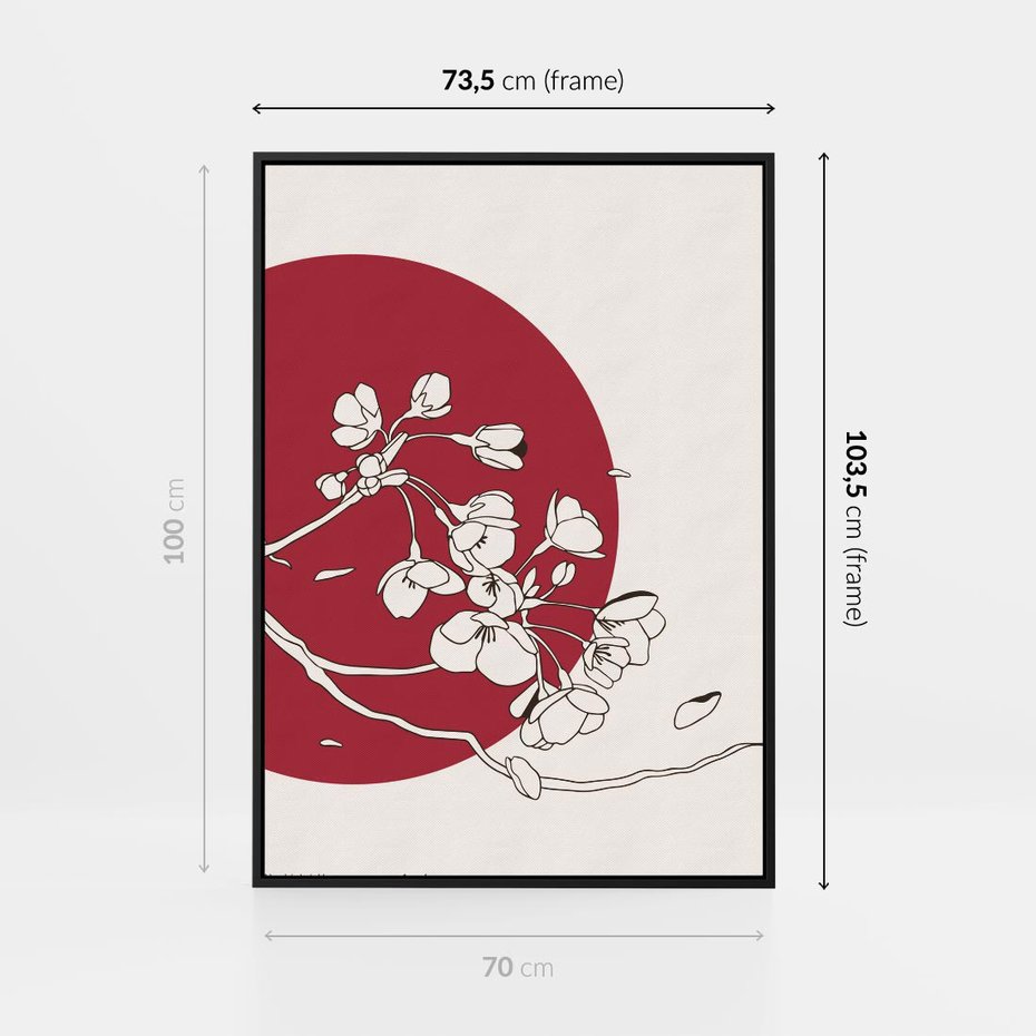 Obraz w ramie 70x100 - Esencja Zen - kwiatnąca wiśnia, orientalna grafika - rama czarna