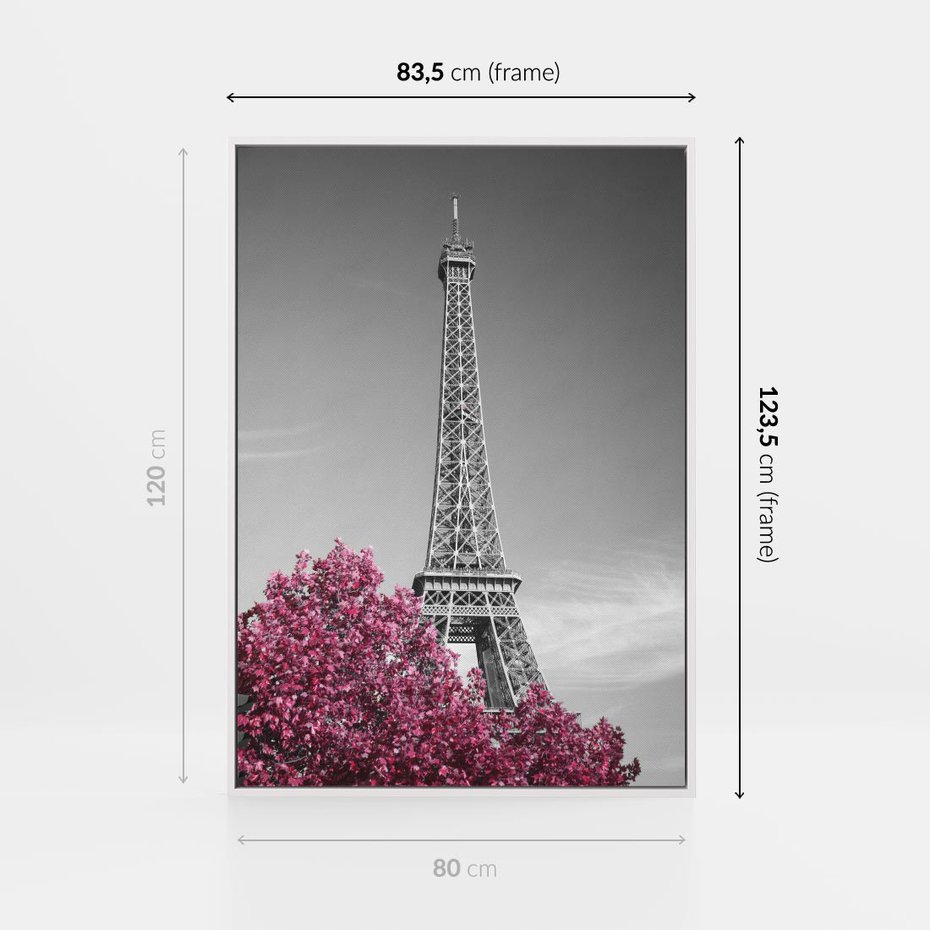 Obraz w ramie 80x120 - Różowy Paryż - czarno białe zdjęcie, wieża eiffla - rama biała