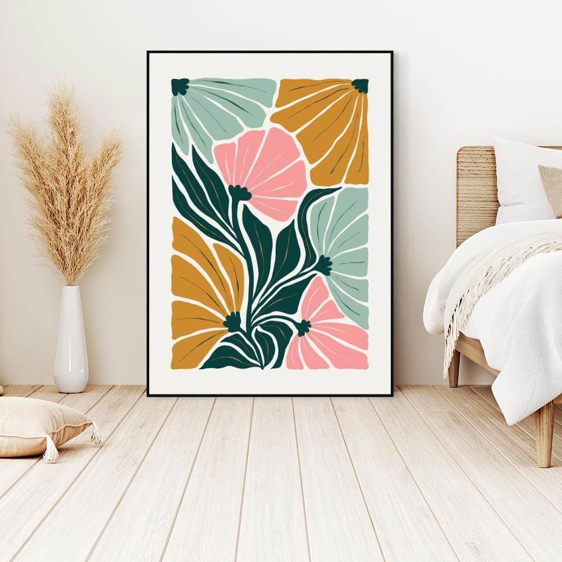 Obraz w ramie 50x70 - Rozplątane Myśli - abstrakcyjna kompozycja, pastelowe kwiaty - rama czarna