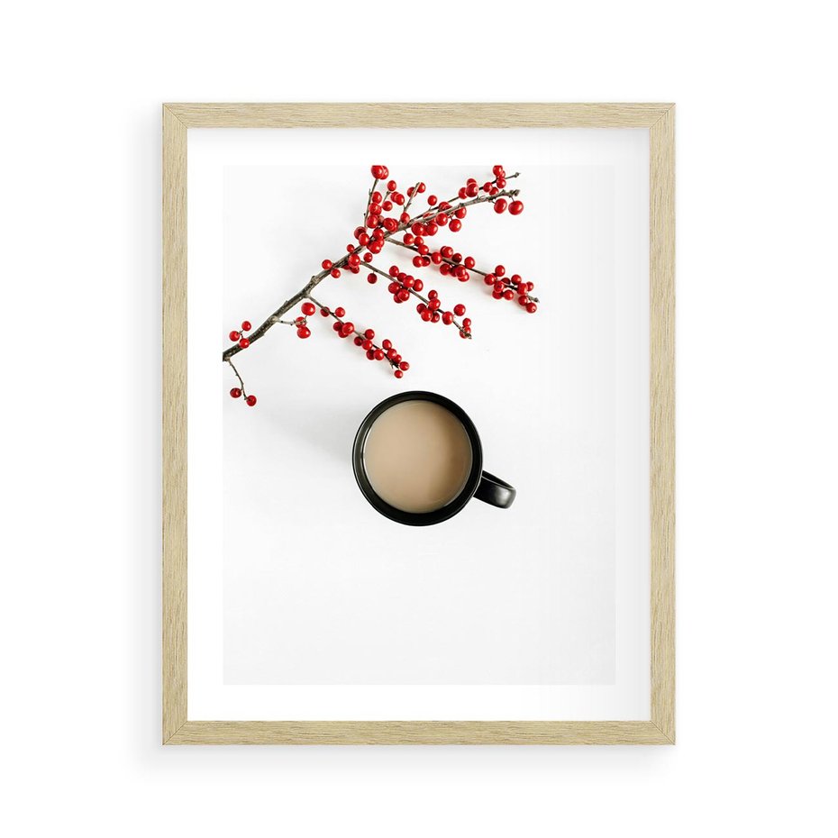 Plakat w ramie 40x50 - Filiżanka Kawy z Gałązką Jarzębiny - kawa, gałązka jarzębiny - rama drewno