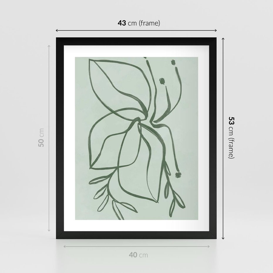 Plakat w ramie 40x50 - Energetyczne Odrodzenie Natury - abstrakcyjne delikatne zielone linie, podobne do gałęzi kwiatów - rama czarna