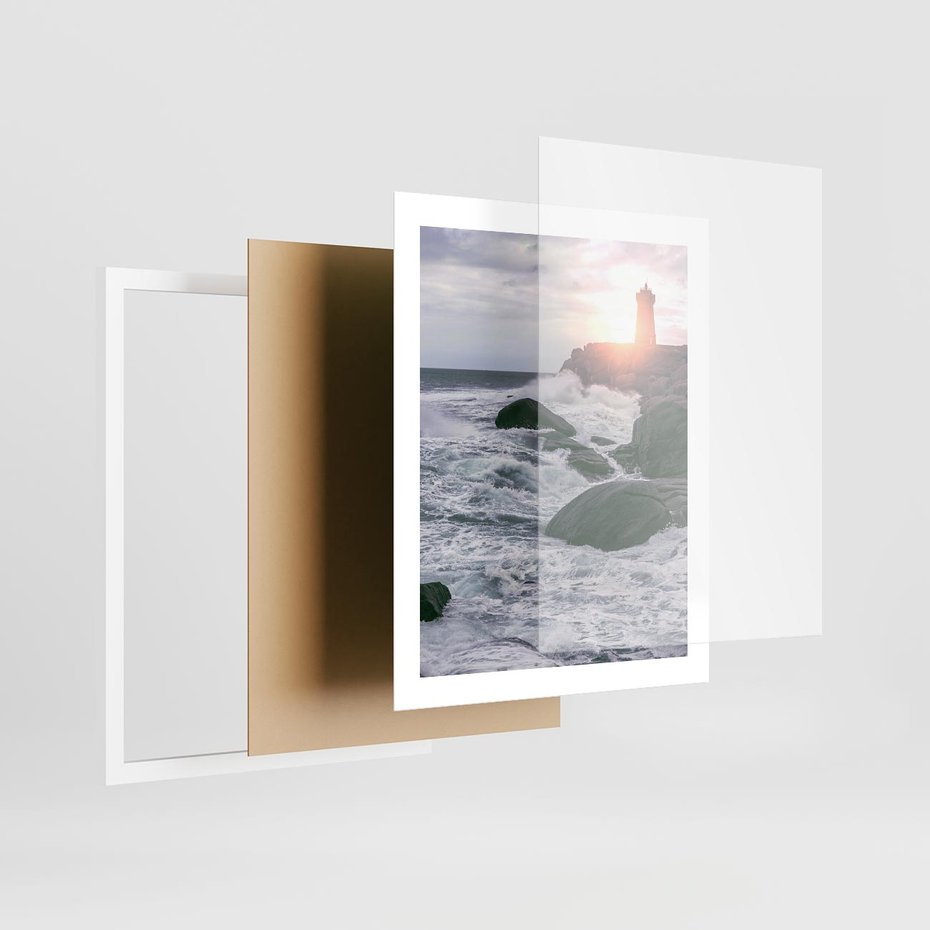 Plakat w ramie 40x50 - Latarnia, Zachód Słońca i Fale - latarnia na klifie, zachód słońca - rama biała