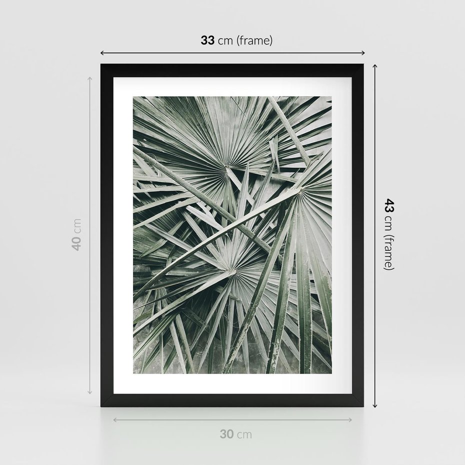 Plakat w ramie 30x40 - Palmy w Zgaszonej Zieleni - palmy, tropikalne liście - rama czarna