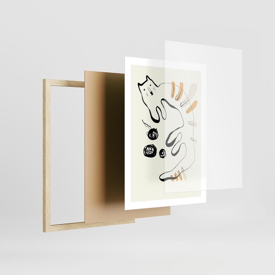 Plakat w ramie 50x70 - Picassowska Abstrakcja Kota - abstrakcyjna grafika kota, jak picasso - rama drewno