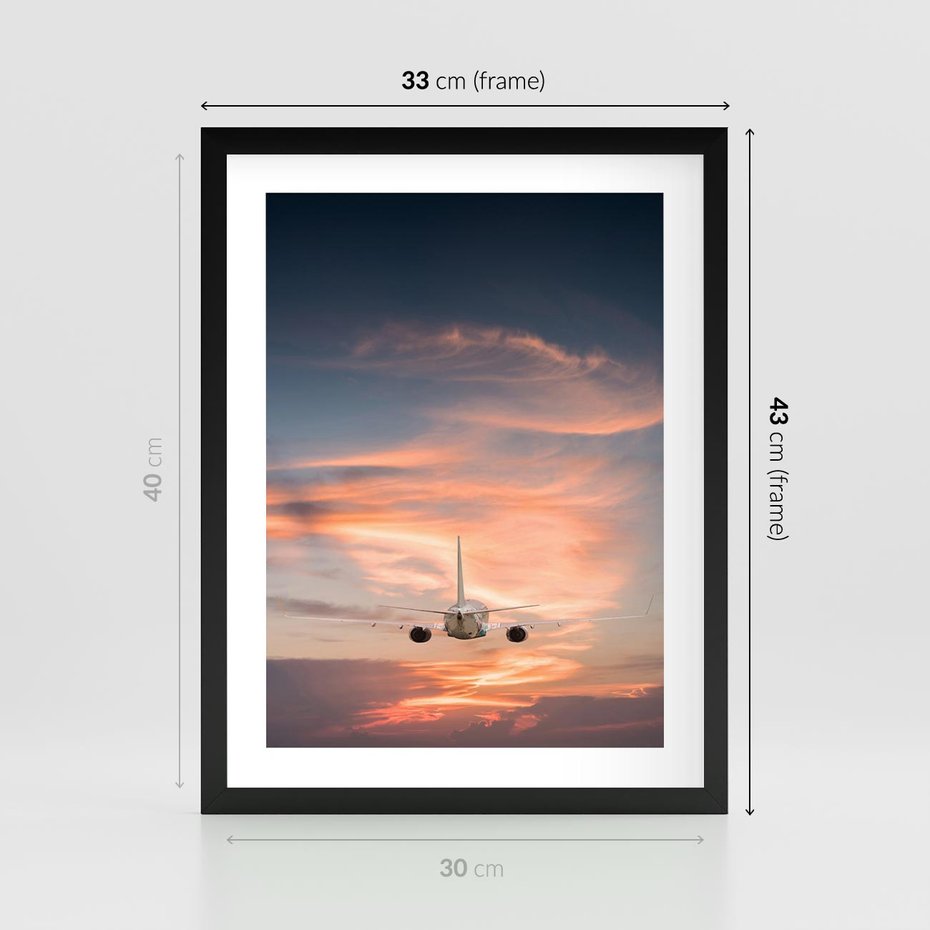 Plakat w ramie 30x40 - Podróż w Kierunku Słońca - samolot, samolot w powietrzu - rama czarna