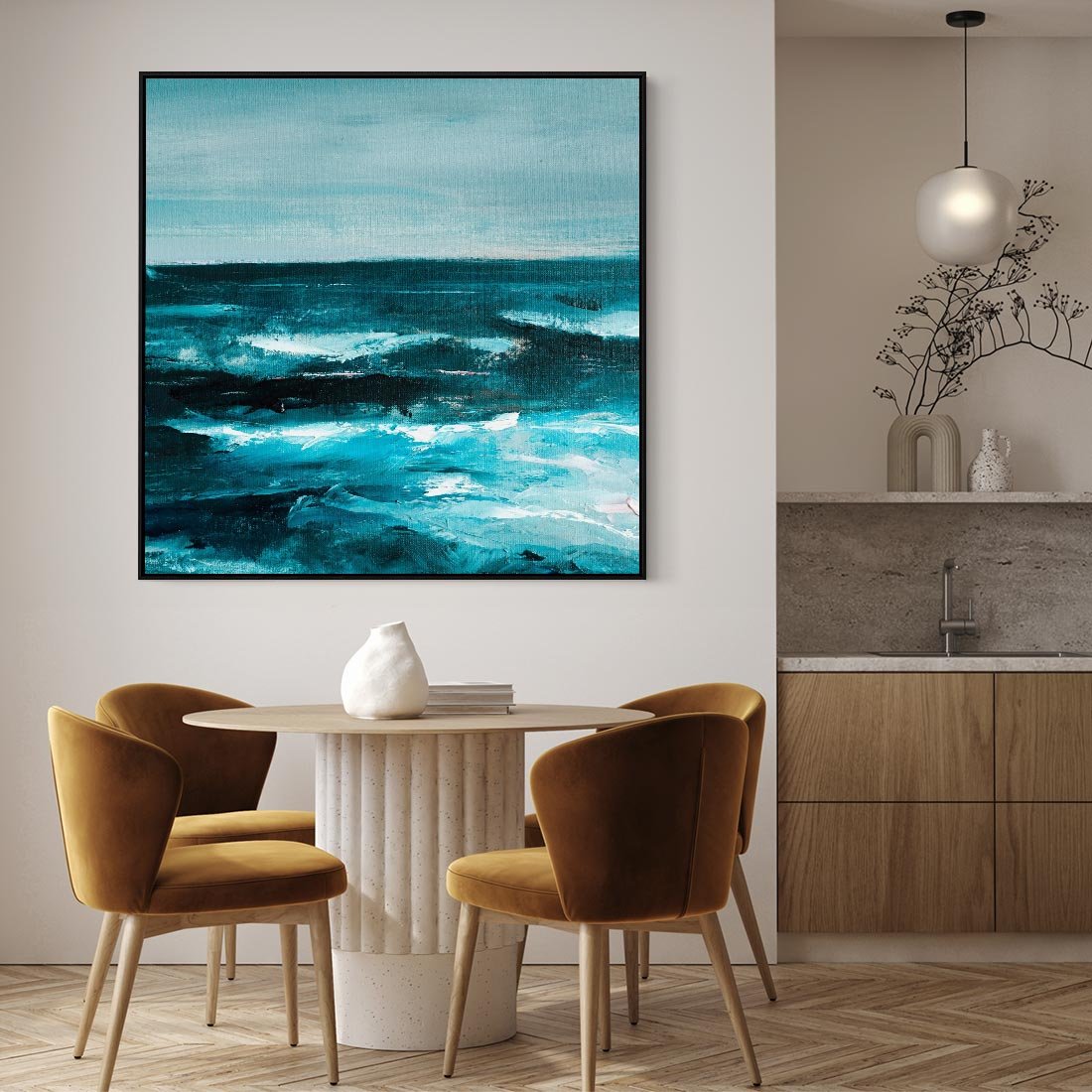 Obraz w ramie 50x50 - Burza Nad Granatowym Oceanem - piękny marynistyczny obraz olejny, wzburzone ciemne morze - rama czarna