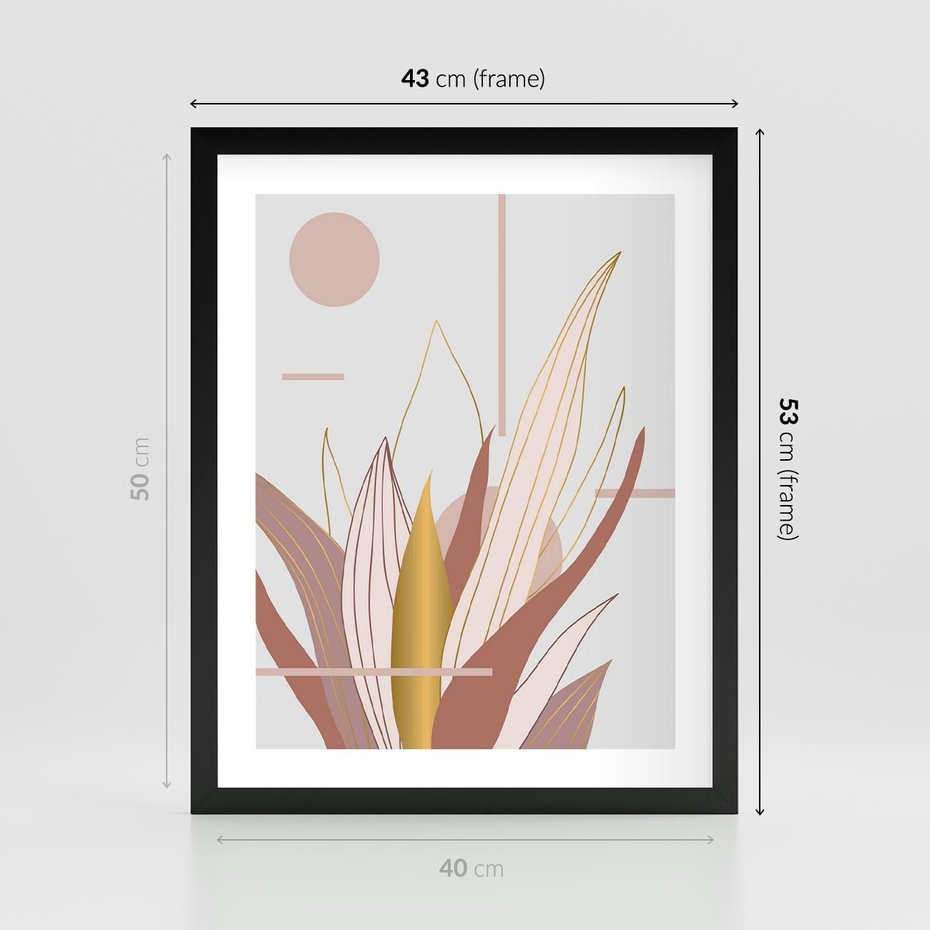 Plakat w ramie 40x50 - Złota Grafika Liści: Wyjątkowa Dekoracja - liście, złoto - rama czarna