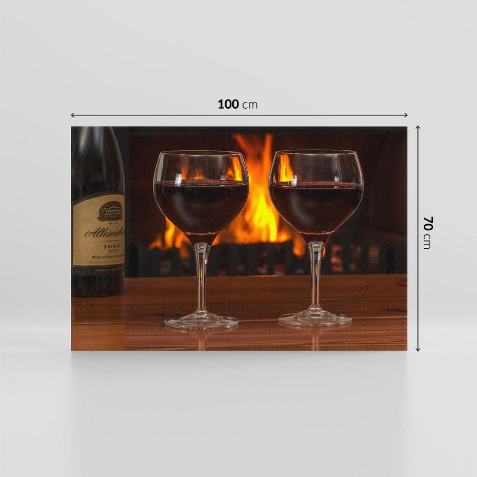 Obraz na płótnie 100x70 - Wino, Kieliszki, Kominek - Wieczór Pełen Relaksu - wino, kieliszki