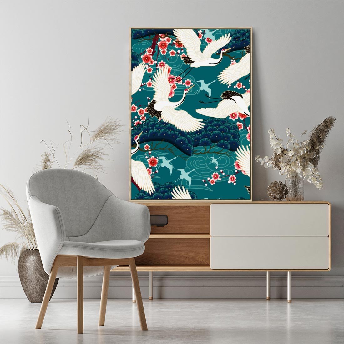 Obraz w ramie 50x70 - Żurawie Wachlarze - orientalne japońskie żurawie, grafika - rama drewno