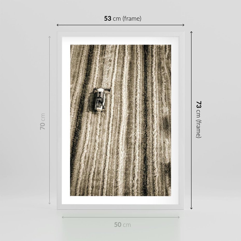 Plakat w ramie 50x70 - Sepia na Polu - kombajn, pole - rama biała