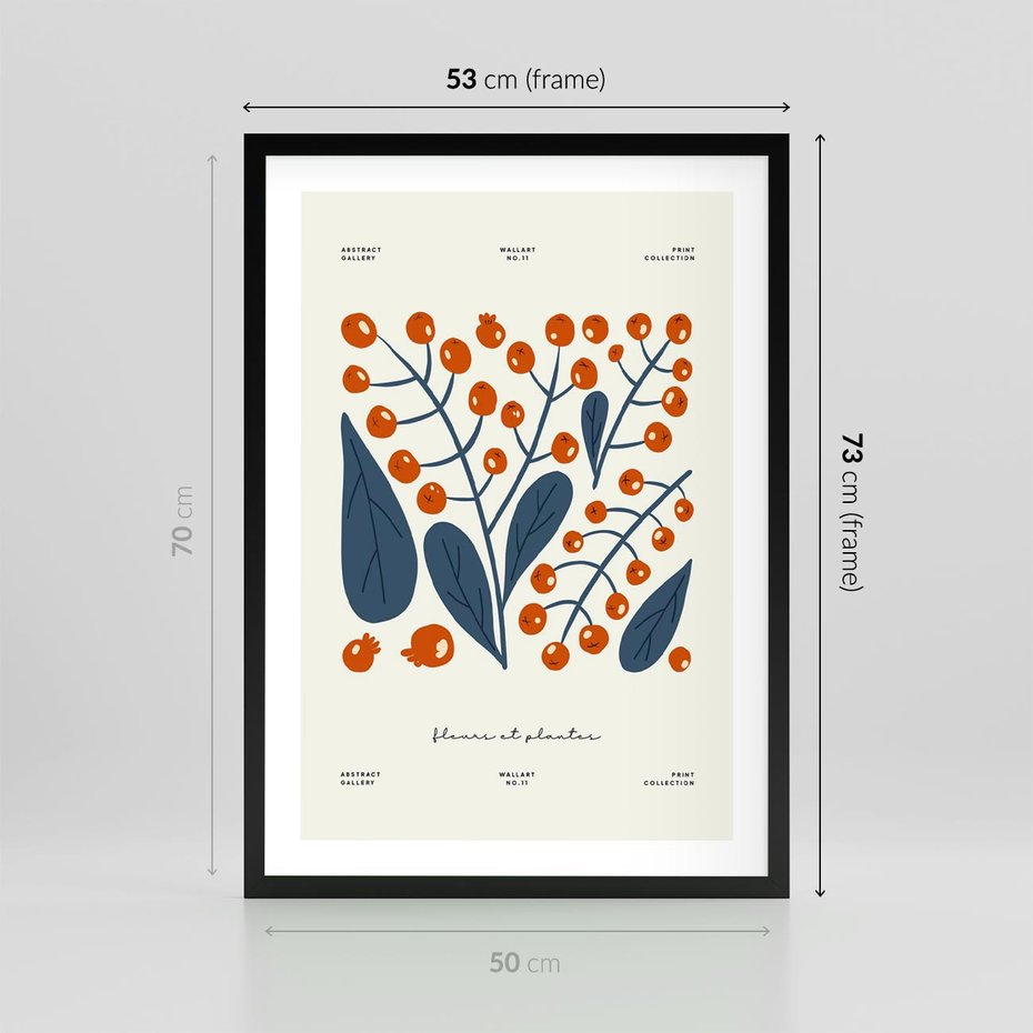 Plakat w ramie 50x70 - Minimalistyczna Uroda Jarzębin - jarzębiny, niebieskie liście - rama czarna