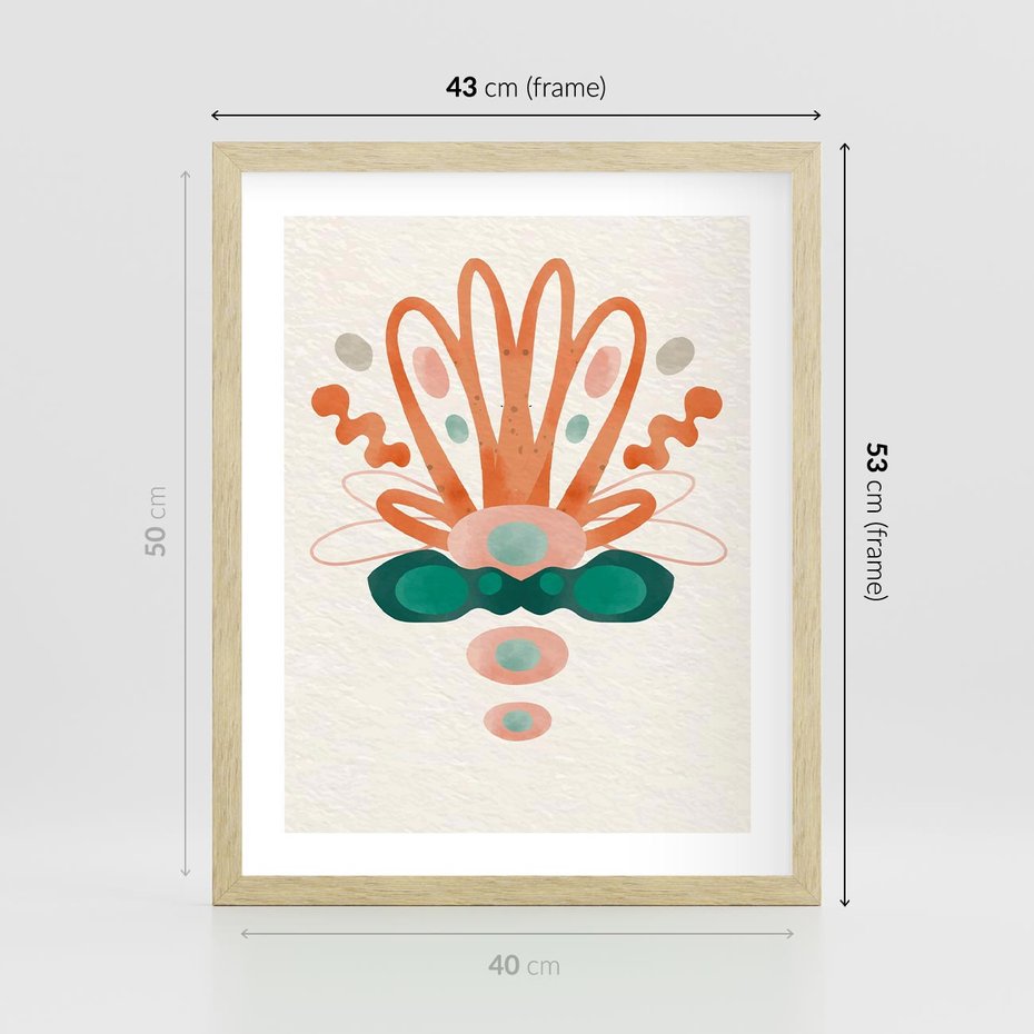 Plakat w ramie 40x50 - Harmonia Nienormalności - akwarelowe abstrakcyjne kształty, zieleń i pomarańcz - rama drewno