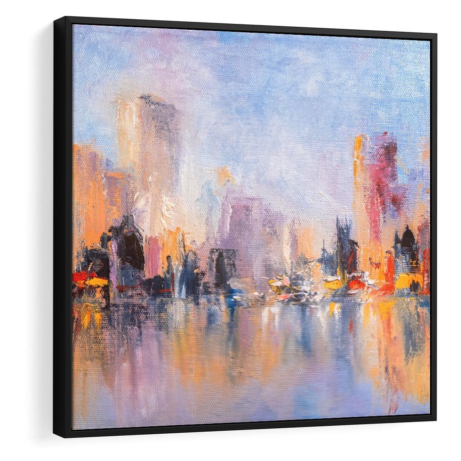 Obraz w ramie 50x50 - Miasto Refleksji - olejna panorama miasta w oddali, wiezowce odbijają się w rzece - rama czarna