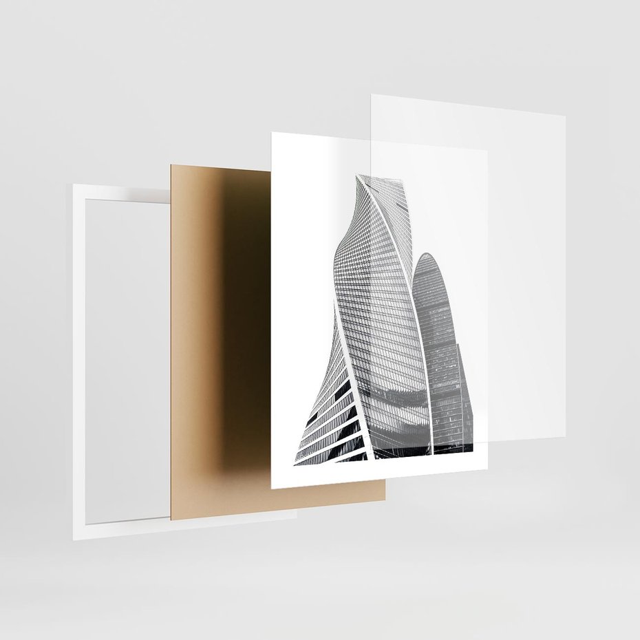Plakat w ramie 40x50 - Wieżowce z Falistymi Kształtami - nowoczesne wieżowce, czarno biała fotografia - rama biała