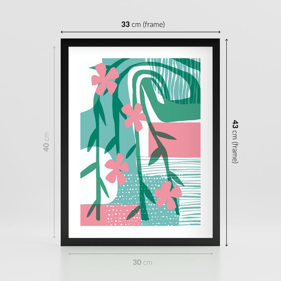 Plakat w ramie 30x40 - Rozkwitające Harmonie Form - abstrakcyjne pastelowe kwiaty, nowoczesna sztuka - rama czarna