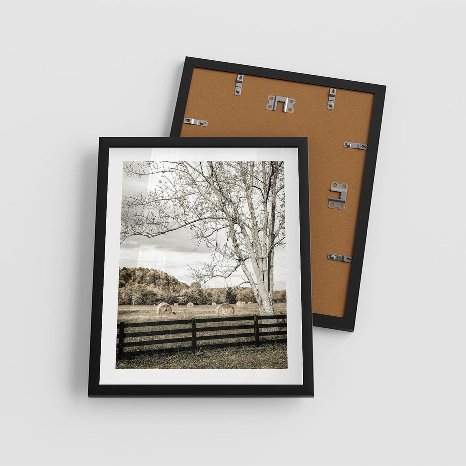 Plakat w ramie 40x50 - Drzewa i Snopki Siana - farma, drzewa - rama czarna