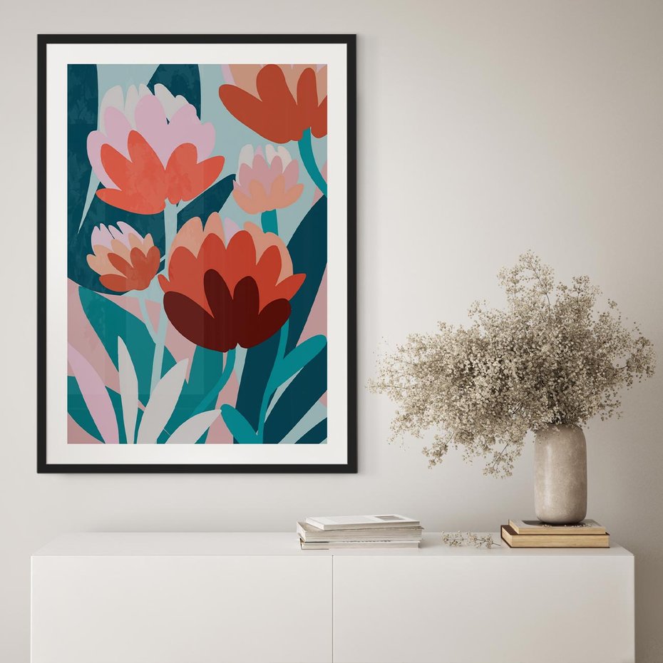 Plakat w ramie 40x50 - Symfonia Kwiatów - abstrakcyjna kompozycja kwiatowych form, kolor zgaszone - rama czarna