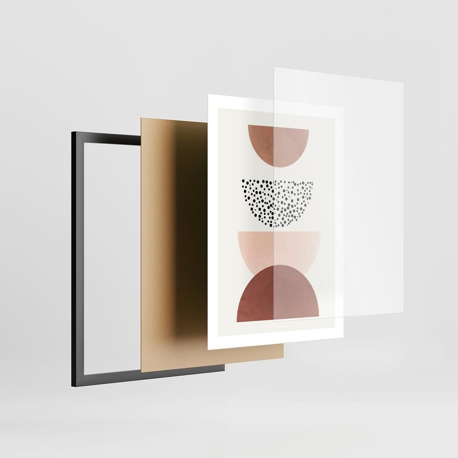 Plakat w ramie 50x70 - Geometryczna Harmonia w Brązach i Beżach - geometryczne kształty, brązy i beże - rama czarna