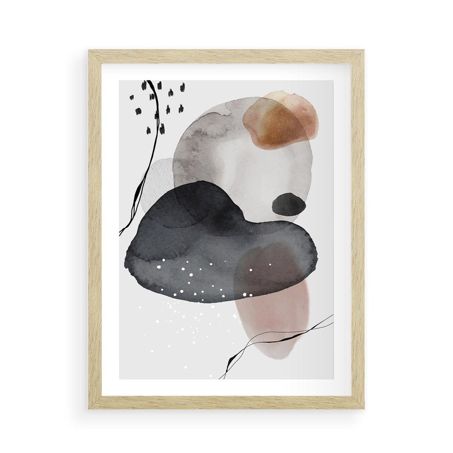 Plakat w ramie 50x70 - Impresje Harmonii - abstrakcyjne plamy akwarelowe, czarny szkic - rama drewno
