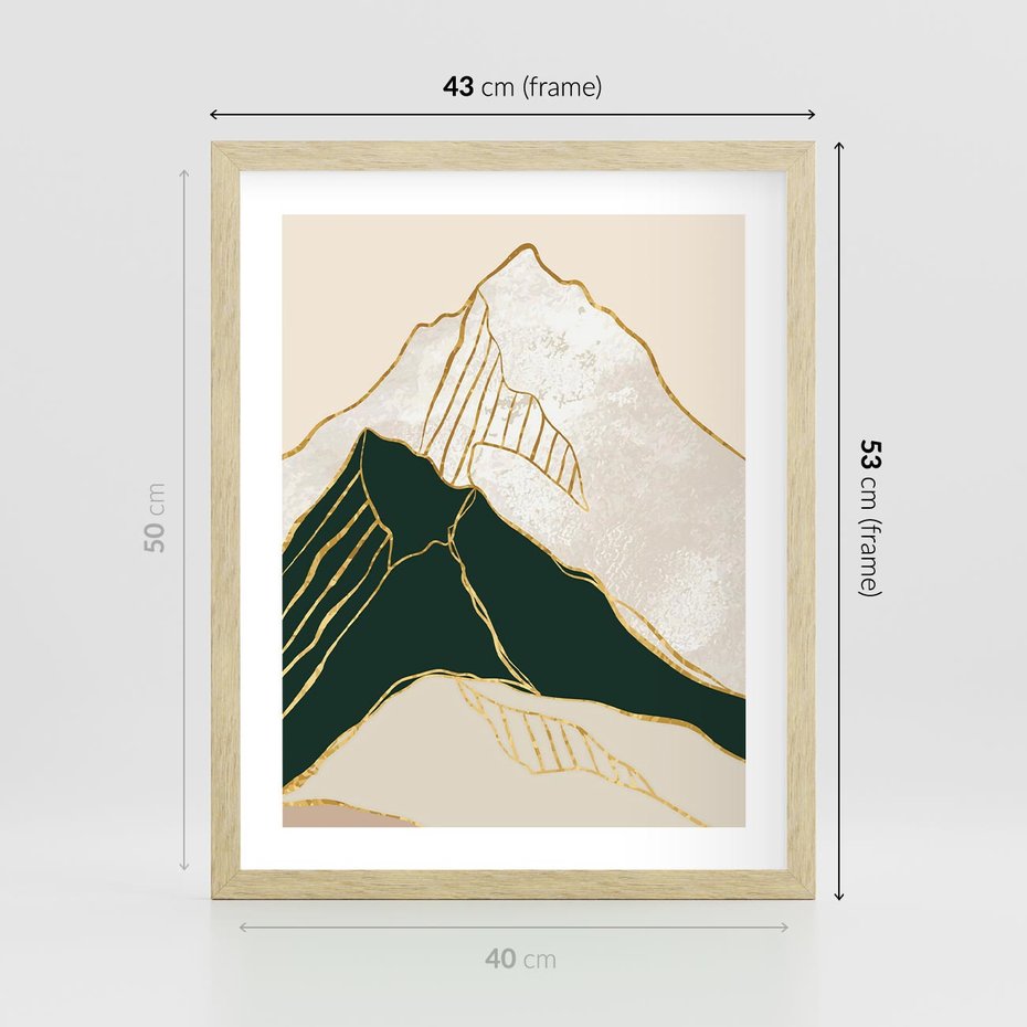 Plakat w ramie 40x50 - Minimalistyczne Góry: Złota Sztuka Natury - minimalistyczna grafika, góry - rama drewno