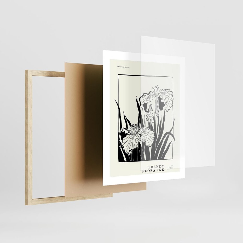 Plakat w ramie 40x50 - Spojrzenia na szkicowaną przeszłość - kwiaty, typografia - rama drewno